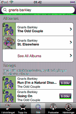 Söka efter låtar, album och podcaster: Tryck på Sök, tryck i sökfältet och skriv ett eller flera ord. Tryck sedan på Sök. Sökresultaten sorteras efter album, låtar och podcaster.