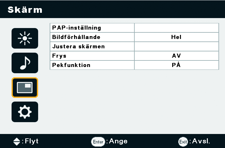 5. Skärmmenyn 21 Menyn Skärm Namn Beskrivning PAP: Slår på eller av funktionerna PIP (Bild i Bild) och PBP (Bild efter Bild). Aktiv bild: För PIP väljs huvud- eller underbilden at vara aktiverad.