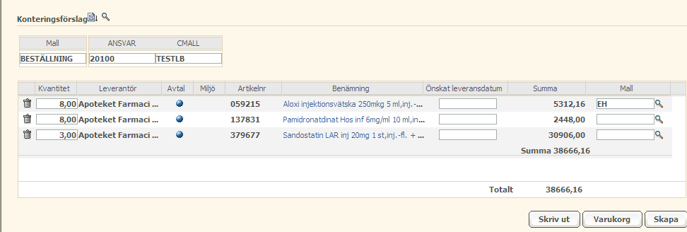 Nu skapas en separat konterings rad för EH raden. Övriga rader får konteringsförslagets kontering. Fortsätt sedan att skapa din beställning genom att trycka på knappen Skapa.