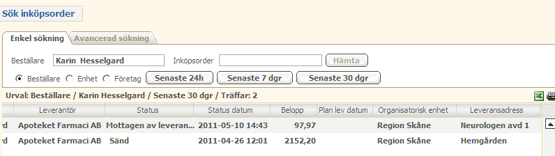 Du kan även söka på order för enhet och för hela företaget. Observera att enhet inte enbart är din avdelning utan flera enheter inom din förvaltning.