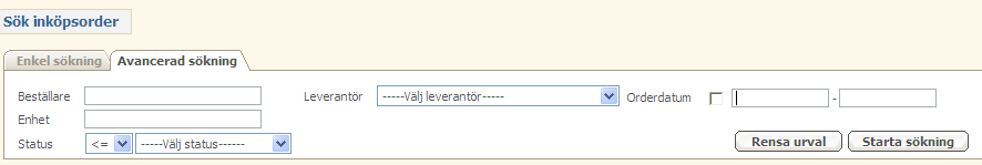 Listan som visas innehåller följande information: Inköpsorder Skapad Beställare Leverantör Status Status datum Belopp Plan lev datum Organisatorisk enhet Leveransadress Inköpsorderns id.