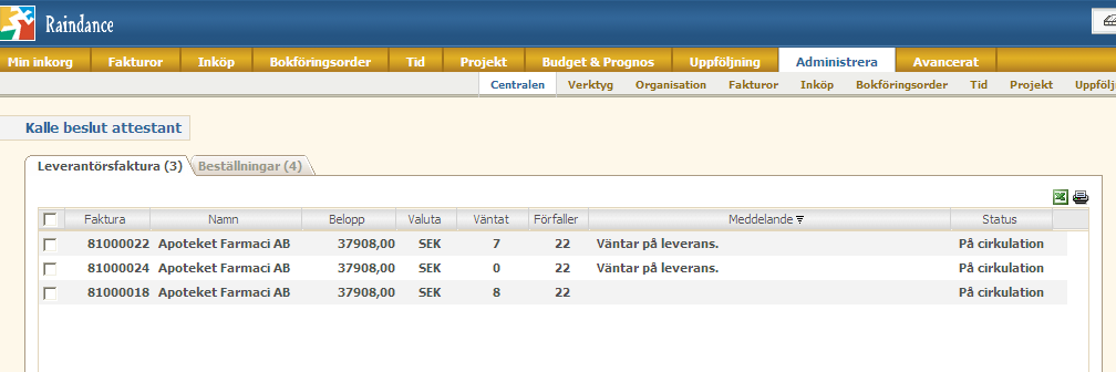 I detta läge behöver man inte öppna fakturan eftersom den ligger i ett vänteläge. När leveransen registreras i systemet fortsätter matchningen av fakturan.