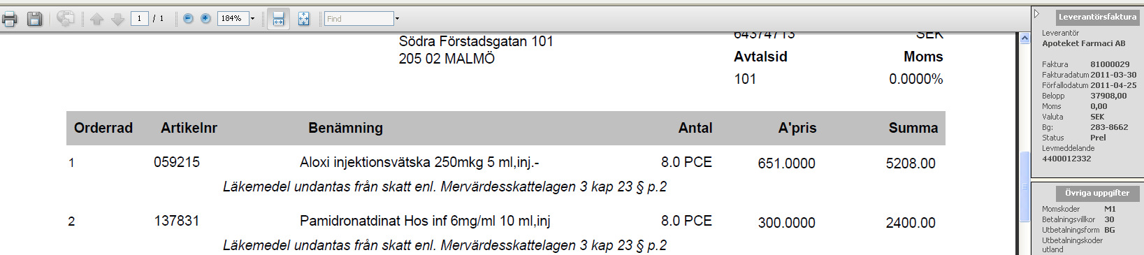 7.3.1 Prisdifferenser 7.3.1.1 Fakturarad - prisdifferens utanför toleransnivå När leverans har registrerats men fakturan inte har kunnat automatmatchas ser bilden ut så här när du går in på fakturan.