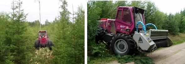 Figur 32. Basmaskin Treemme MM250B utrustad med grenkross FAE för stråkröjning [32]. Trots flera försök att utveckla tekniken, har man inte lyckats få den kommersiell i någon större utsträckning [9].