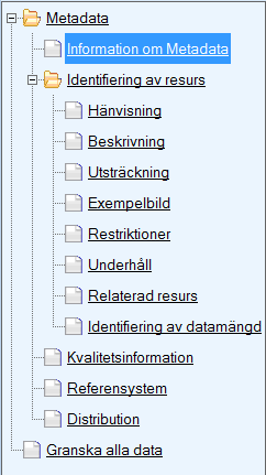 PM 15(55) Figur 7.Figur visar trädstrukturen som man kan klicka i för att snabbt förflytta sig i formuläret Metadata går att registrera inom ovanstående sektioner.