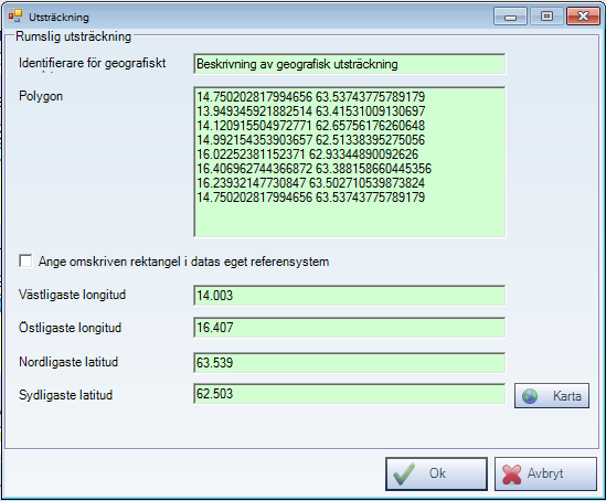 PM 34(55) 9.2.4.1 Geografisk utsträckning Figur 21. På formuläret geografiskt utsträckning kan man ange den geografisk utsträckningen på tre olika sätt.