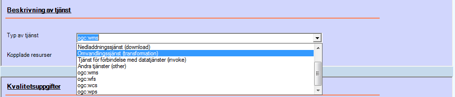 PM 43(55) Figur 32. Sektionen Metadata om datamängder har ett antal element som är specifika för datamängder. Man kan ange antingen Avstånd mellan observationer eller Skala 9.2.10 Identifiering av tjänst Figur 33.