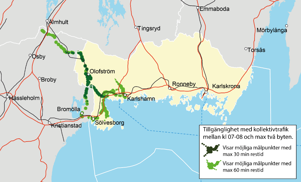 Det utbudet som finns i Blekinge med kollektivtrafik enligt denna definition varierar mellan olika områden mellan 70 och 80 procent.