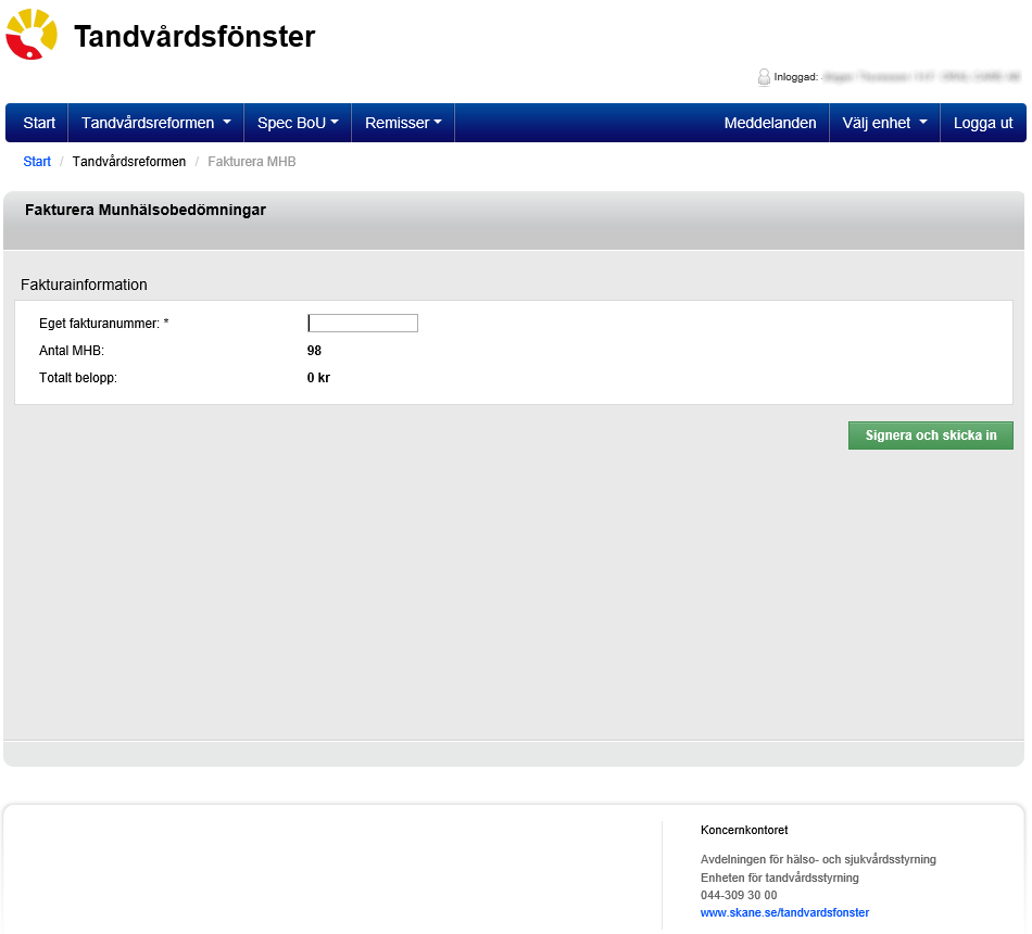 14 (20) 6. Steg 1, Ange eget fakturanummer I bilden som visas (se exempel ovan) framgår hur många nya munhälsobedömningar som finns att fakturera sedan förra faktureringstillfället.