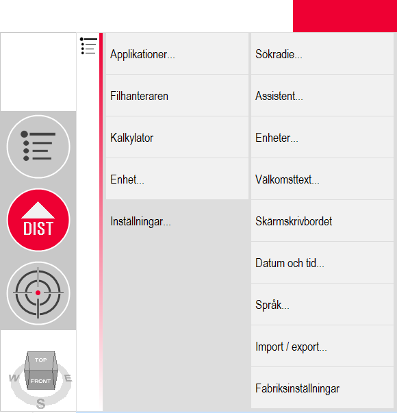 Inställningar Tryck Meny» Inställningar, följande alternativ visas: 3.6 Datahantering 3.6.1 Filhanteraren Sökradie för att definiera området runt en punkt/linje.