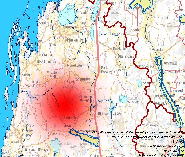 1-10 Bild 4. Delgeneralplaneområdets ungefärliga läge angivet med röd färg. Söder om det anvisade området ligger närmaste grundvattenområde (blå avgränsning med gul fyllnad).