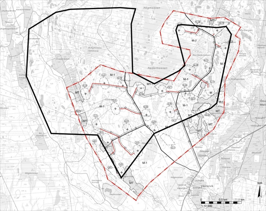 1-16 Bild 8. Vindkraftverkens positioner i förhållande till etapplandskapsplan 2. Områdesavgränsning i etapplandskapsplan 2 anvisat med svart linjedragning.