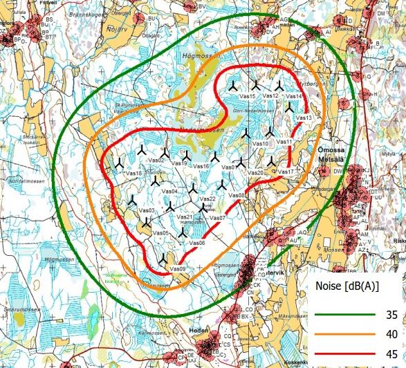 1-28 Buller: Enligt Planering av vindkraftsutbyggnad - Miljöförvaltningens anvisningar 4 sv 2012 får bullermedeltalet för sommarstugor inte överstiga 35 db nattetid (kl.