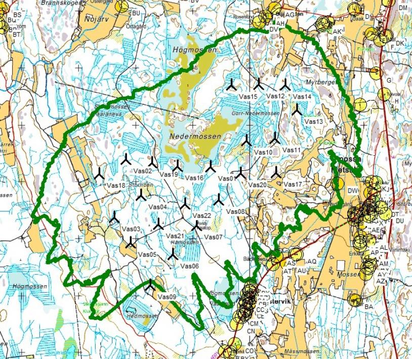 1-29 Bild 14. Grön linje = gräns för 8h skugga per år.