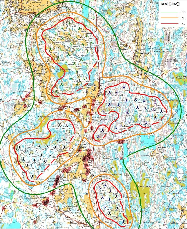 Summering: I ett eventuellt delgeneralplaneförfarande för Härkmeri vindkraftspark bör bulleröverskridningen till byggnad A, I, DL och DM särskilt beaktats.