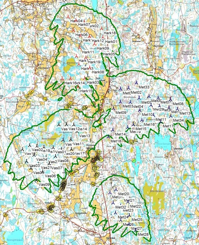 1-48 Skuggning (Västervik, Ömossa, Härkmeri): I närområdet av delgeneralplaneområdena för Västervik och Ömossa pågår ett miljökonsekvensbedömningsförfarande gällande Härkmeri vindkraftspark.