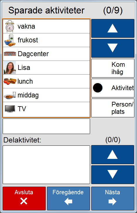 Person/plats har precis samma parametrar som aktivitet och kan, om man så önskar, användas som aktiviteter. Man kan t.ex. använda det för att ange måltider eller andra fasta aktiviteter.