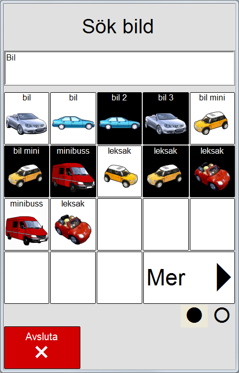 Hitta bild: När man trycker på visas den här söksidan: Skriv in sökordet i textfältet, till exempel Bil. För att ta bort all text som ligger i textfältet, trycker man på symbolen.