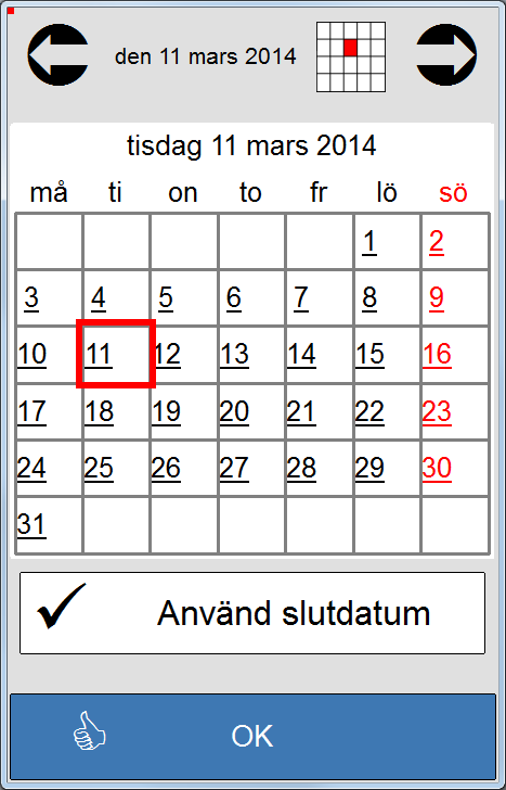 2.6.7.1 Slutdatum: När man trycker på visas den här sidan: Här kan man lägga in ett slutdatum för den upprepade aktiviteten. Man väljer det datum man vill ska vara sista upprepning för aktiviteten.