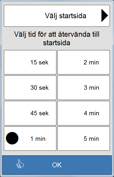 3.2 Generella inställningar Inställningar av vilken sida som ska vara startsida och hur lång tid som ska förflyta innan Memoactive/Memoplanner återgår till startsidan.