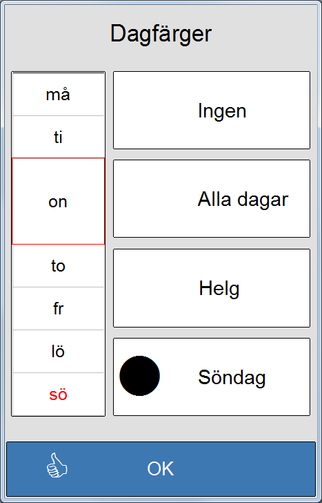 När man trycker på visas den här sidan: Här väljer man den sida som man vill att Memoactive/Memoplanner automatiskt ska återgå till när tiden för återgång till startsidan har gått ut.