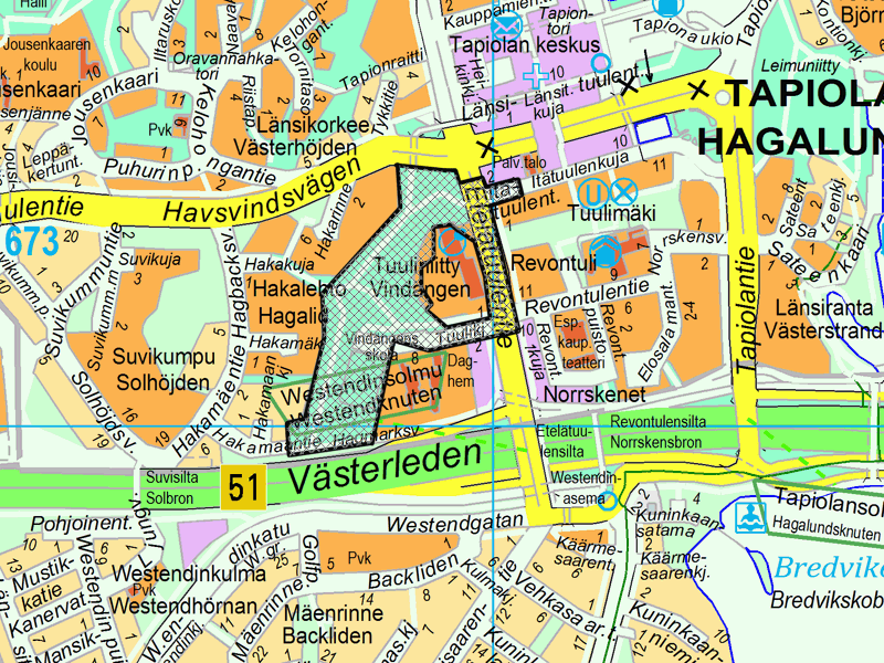 Esbo stad Möteskallelse Ärende 11 Fullmäktige 12.10.2015 Sida 29 / 108 lågfartsgata. Över Sunnanvindsvägen planläggs en gång- och cykelbro och överlag säkras goda gång- och cykelförbindelser.