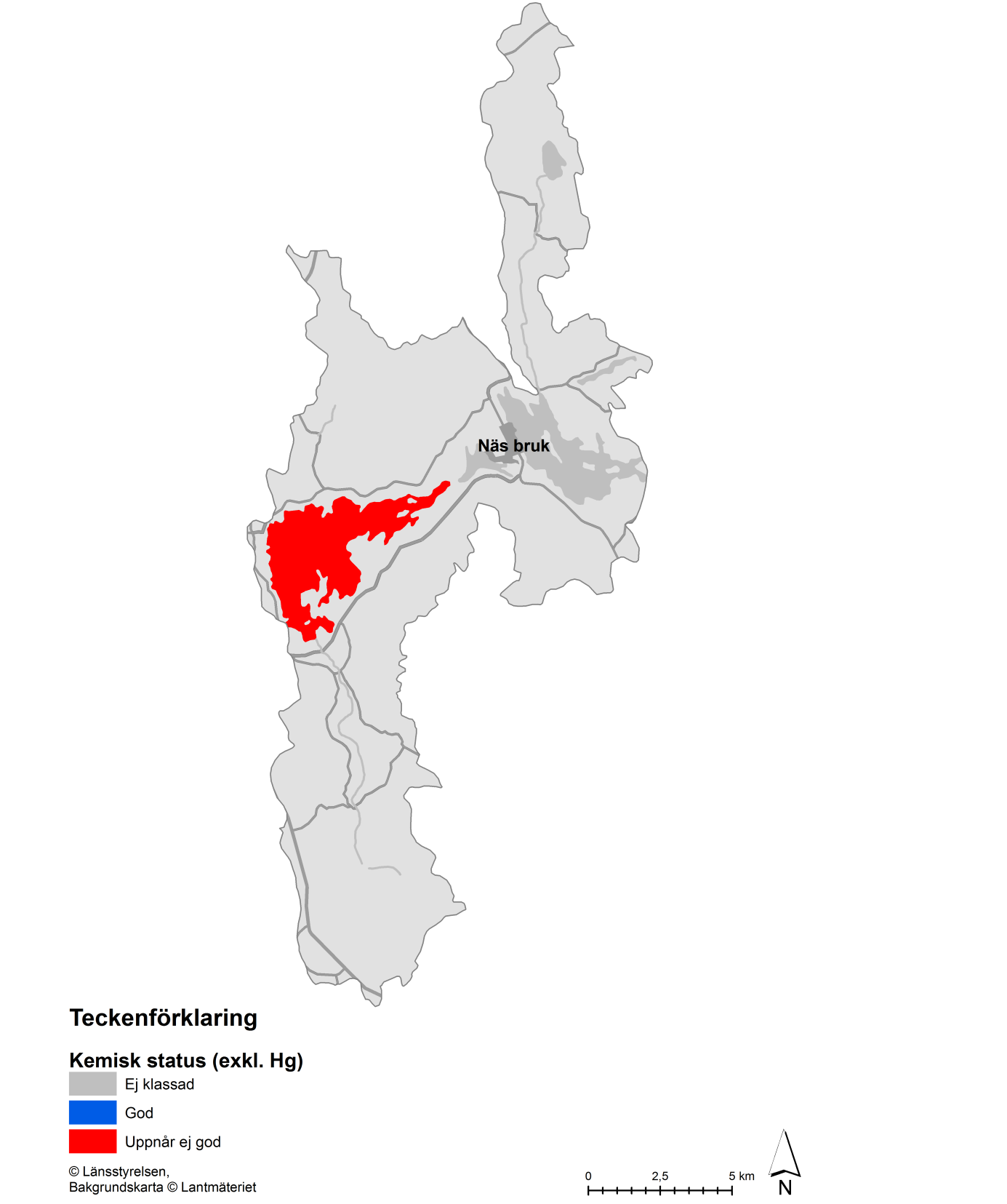 Figur 3. Sjöars och vattendrags kemiska status (exklusive kvicksilver) inom delområdet Dalälven mellan Forsön och Bäsingen.