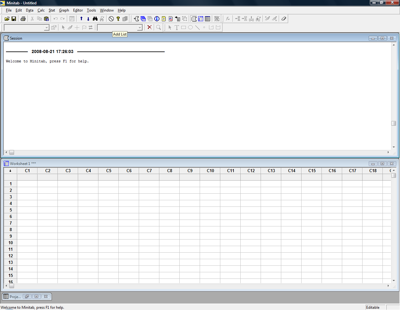 Det du ser är två delfönster: det övre heter Session och det nedre Worksheet. I Session-fönstret presenteras resultaten av dina analyser.