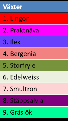 13 Följande växter används på den gröna väggen, se planteringsschema i Figur 5: Lingon, praktnäva, ilex, bergenia,