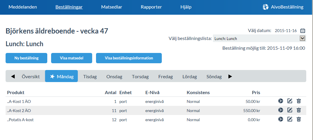 1 Ny beställning Till vänster välj Produkt (kosttyp) och registrera antal portioner. På höger sida visas Info och Matsedlar. Info innehåller måltidens innehåll.