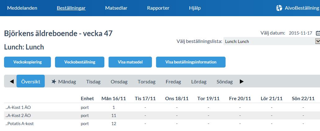 Här finns fyra val, Veckokopiering, Veckobeställning, Visa Matsedel och Visa Beställningsinformation (=skriv ut beställning).