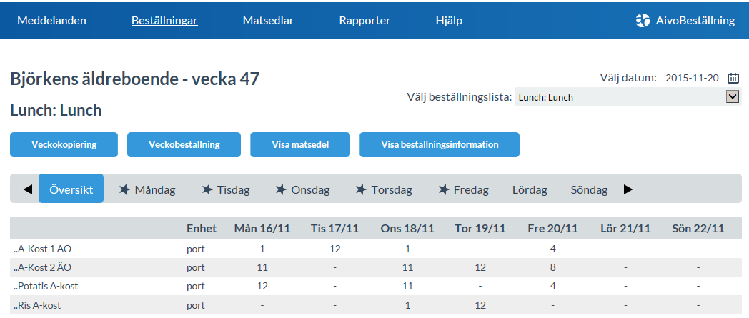 För att visa och skriva ut din beställning, tryck på knappen Visa Beställningsinformation. Här får du information om vilken beställare och datum beställningen gäller för.