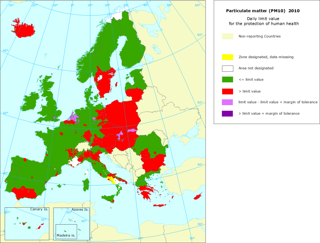 Figur 36. Dygnsmedelhalter av PM10 (ug/m 3 ) i Europa år 2010.