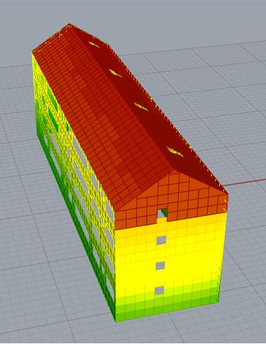 Figur 7.1a Simulerad solinstrålning för lamellhuset med långsidan mot söder Figur 7.1b Simulerad solinstrålning för lamellhuset med gaveln mot söder Figur 7.