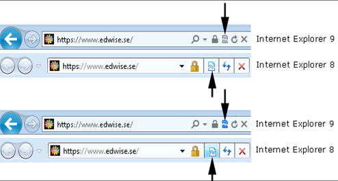 Kompatibilitetsläget aktiveras även automatiskt om webbläsaren klassar edwise som zonen Lokalt intranät. Bilden nedan visar IE 9 respektive 8 och att kompabilitetsläget är korrekt avslaget.
