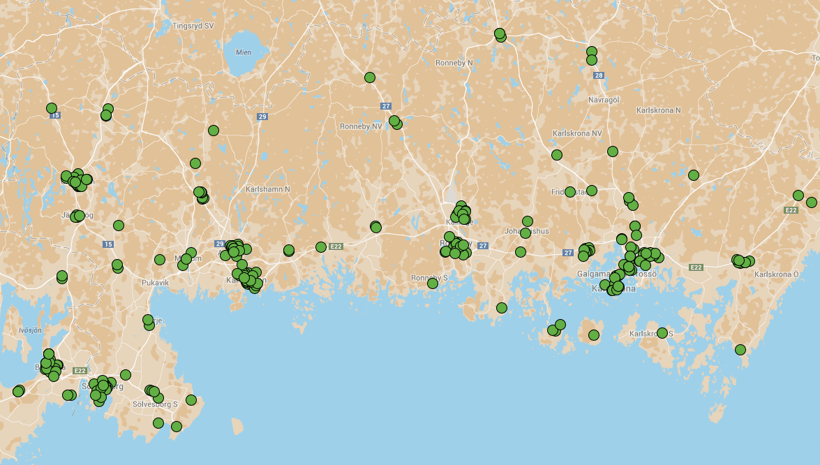 Enheter/leveransadresser finns över hela regionen och är koncentrerade till de större orterna. Placering av enheterna/leveransadresser i regionen illustreras i kartbild 1 nedan.