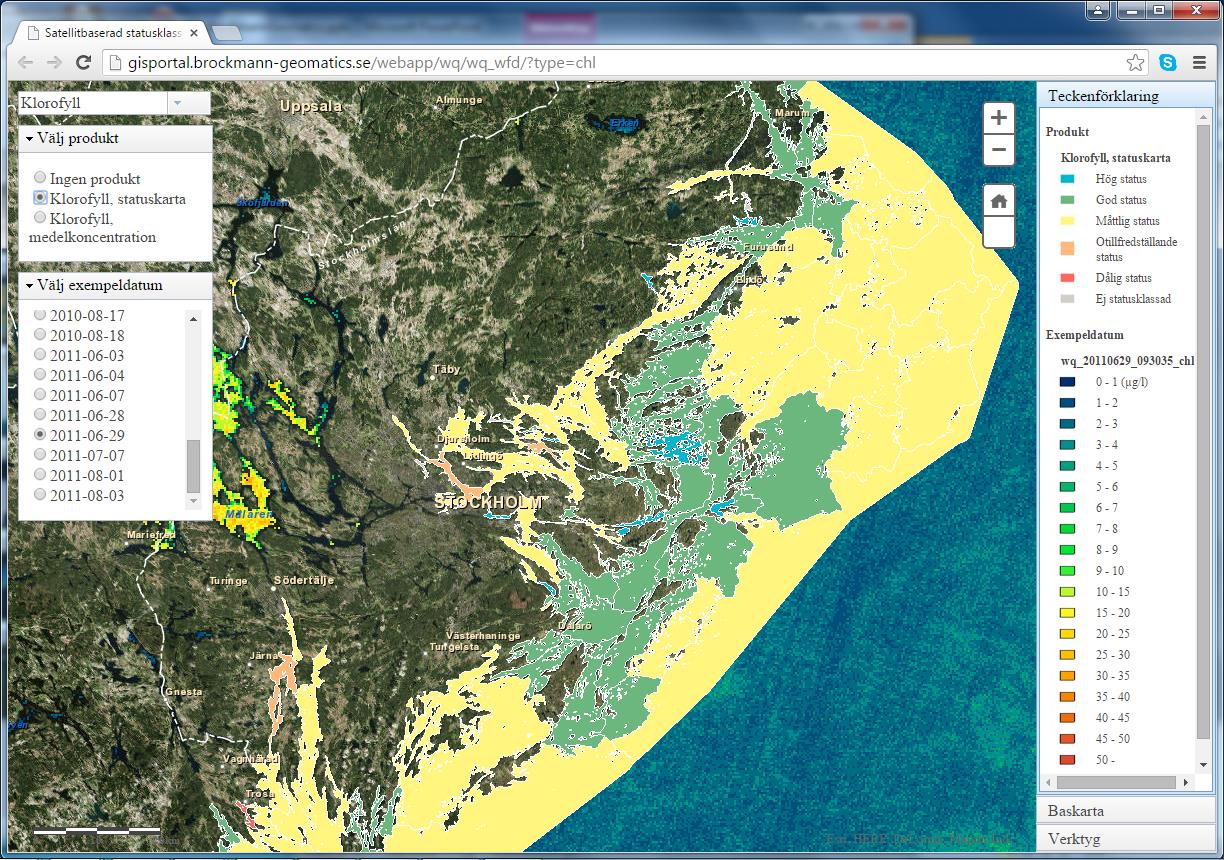 Tillämpningar Vatten- och havsmiljödirektivet Klorofyllkoncentration 2011-06-29 Flertalet satellitbaserade