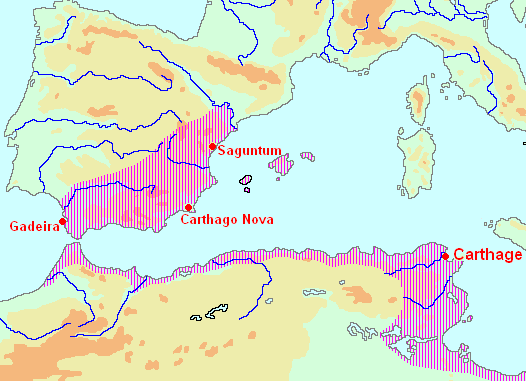 Men inom kartagernas domäner låg staden Saguntum som hade skydd av Rom. Efter första puniska kriget (264-146 f.kr) rådde fred mellan Rom och Kartago. Hannibal belägrade Saguntum år 219 f.kr. Staden höll ut i 8 månader och Kartago tog makten.