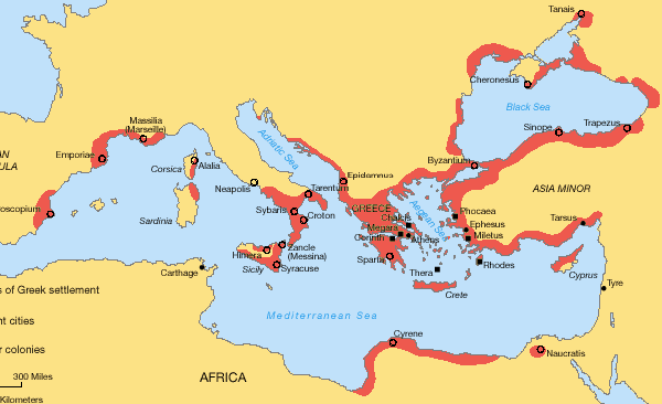 Kolonier kring Svarta havet. Kring Svarta havet nådde man tidigt. På Krim och i städer såsom Olbia, Odessa, Cherson m.fl. hade stor grekisk befolkning.
