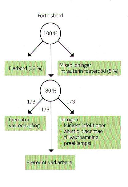 Akut handläggning av förtidsbörd Vid ankomst till sjukhus vid hotande förtidsbörd med eller utan vattenavgång: Anamnes Har vattnet gått? I så fall vilket färg? Blödning? Verkar?