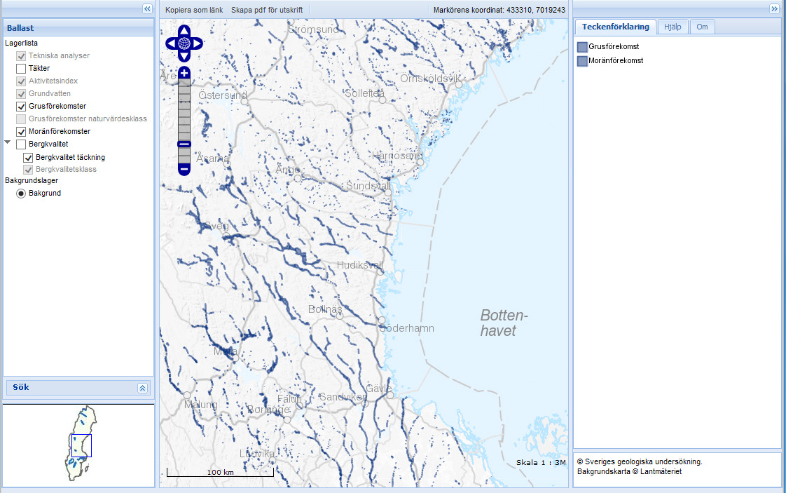 Figur 11. Kartvisaren Ballast med lagren Grusförekomster och Moränförekomster vid skalsteg 3. Vid detta skalsteg har de två lagren samma ytsymbol. Figur 12.