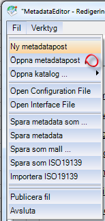 6. Arbete med metadata i MetaGISEditor 6.1. Öppna existerande filer Redigeringsverktyget redigerar metadata som lagras som xml-filer. För att öppna och redigera en fil finns det 4 olika huvudvägar.