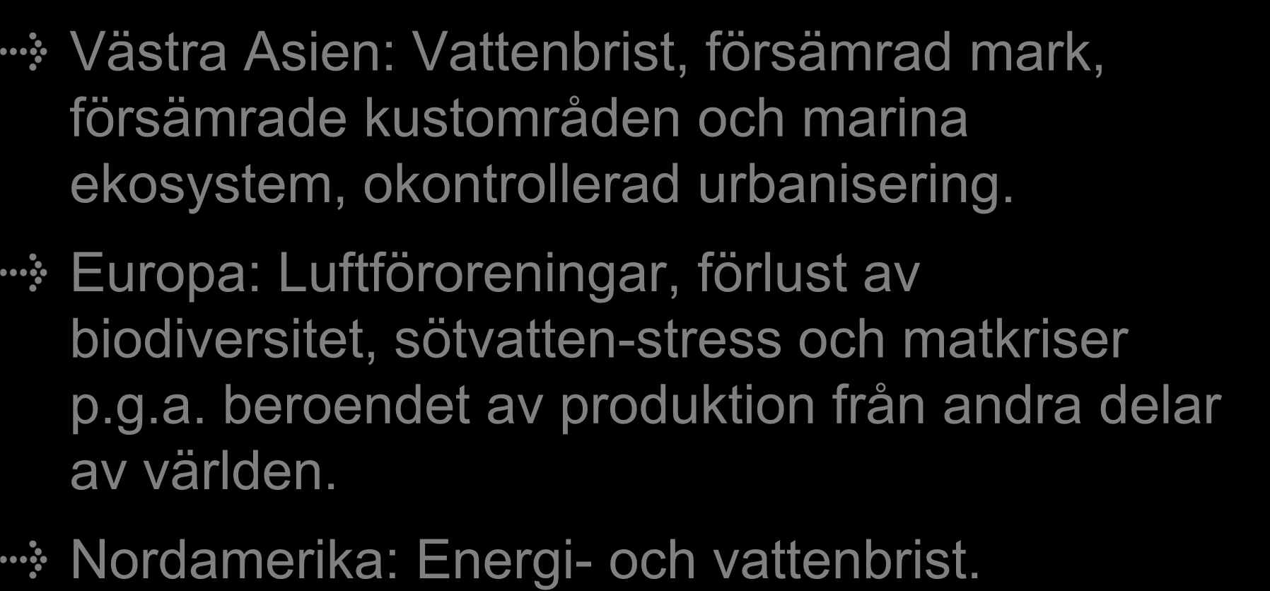 Forts Miljötillstånd i världen Västra Asien: Vattenbrist, försämrad mark, försämrade kustområden och marina ekosystem, okontrollerad urbanisering.