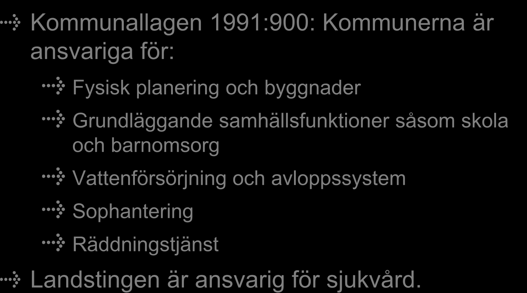 Det kommunala självstyret Kommunallagen 1991:900: Kommunerna är ansvariga för: Fysisk planering och byggnader Grundläggande