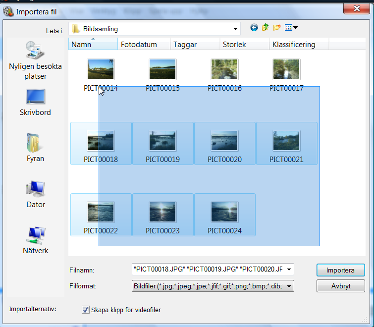 Därefter trycker man på Importera nere till höger i fönstret. Bilderna kopieras inte fysiskt till klippbordet.