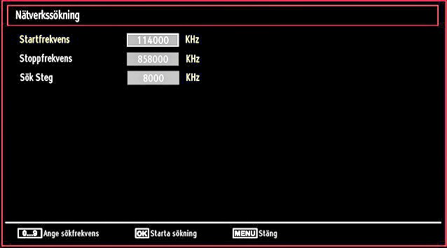 Digital kabel, manuell sökning I manuell sökning för kabel, kan du ange alternativen frekvens, modulation, modulationshastighet och nätverkskanalsökning.