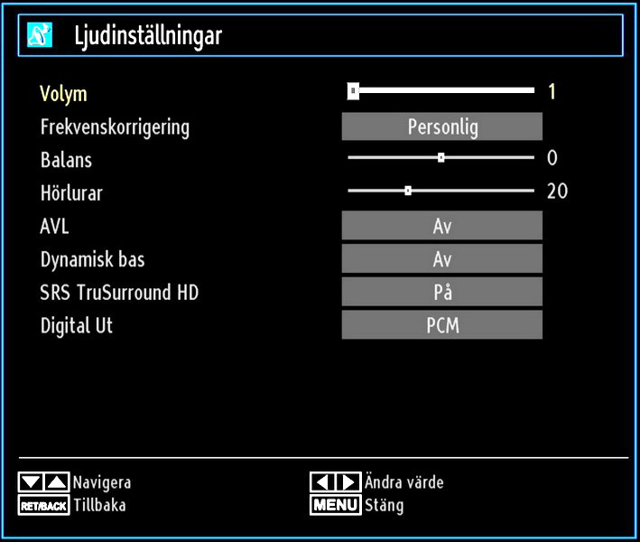 Konfigurering av ljudinställningar Ljudinställningar kan konfigureras efter dina egna önskemål. Tryck på MENU-knappen och välj den Ljud ikonen genom att använda eller -knappen.