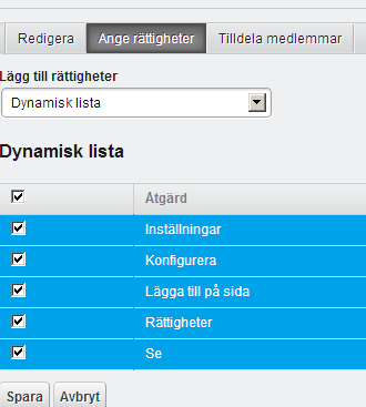 Listrutan Lägg till rättigheter Det finns sex rubriker i listrutan: Portal: under denna rubrik finns allmänna inställningar som gäller rättigheter att till exempel lägga till användare, lägga till