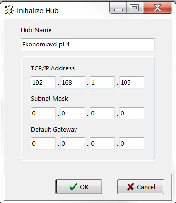 Klicka OK. Välj lägg till, skriv in önskat namn på HUB samt den fasta IP adress HUBen skall tilldelas. Om det är flera HUBar som skall installeras gör du på samma sätt för övriga HUBar.