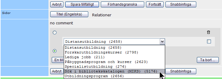 Figur 3.2 Klicka på knappen Relationer som finns ovanför titelfältet för att öppna fönstret där du kan infoga länkar till de bryggor som är inlagda i systemet 4.